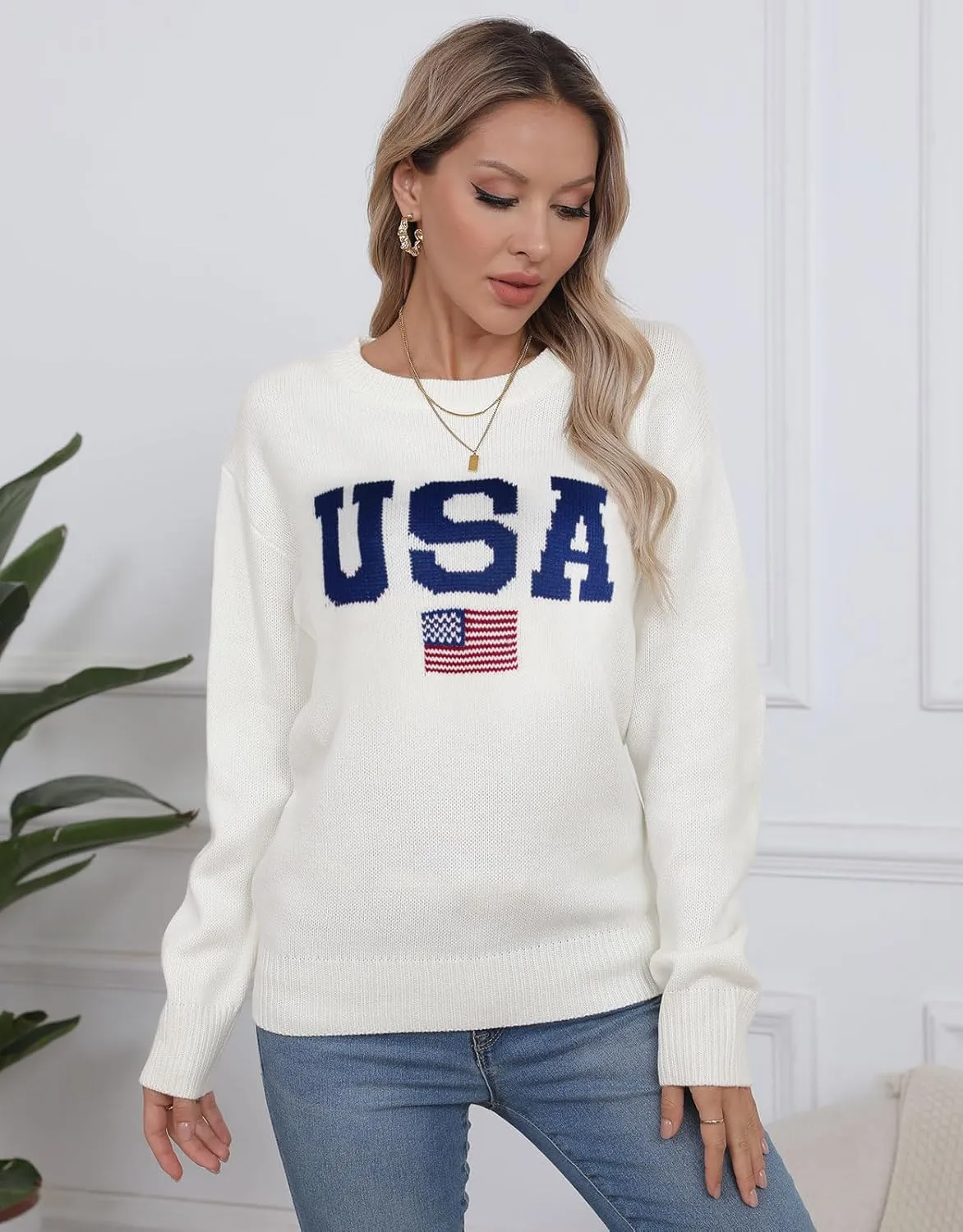 shermie Women's Long Sleeve Crew Neck Sweater Casual Lightweight American Flag Pullover Sweaters