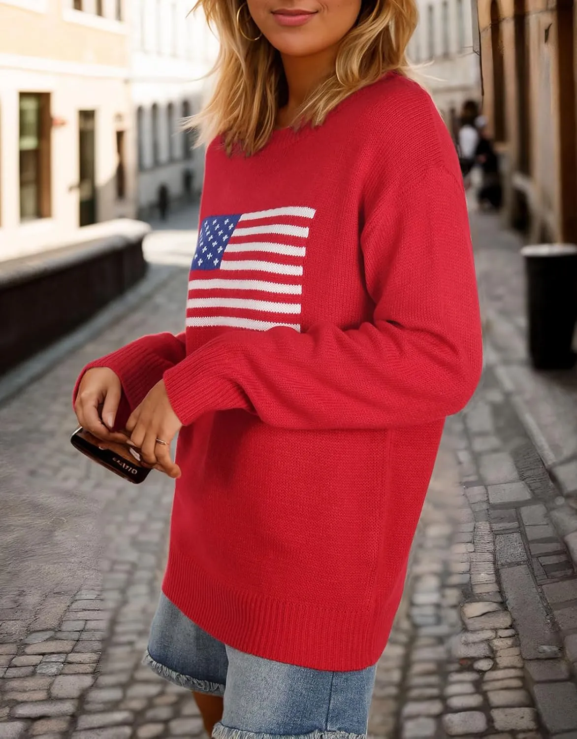shermie Women's Long Sleeve Crew Neck Sweater Casual Lightweight American Flag Pullover Sweaters