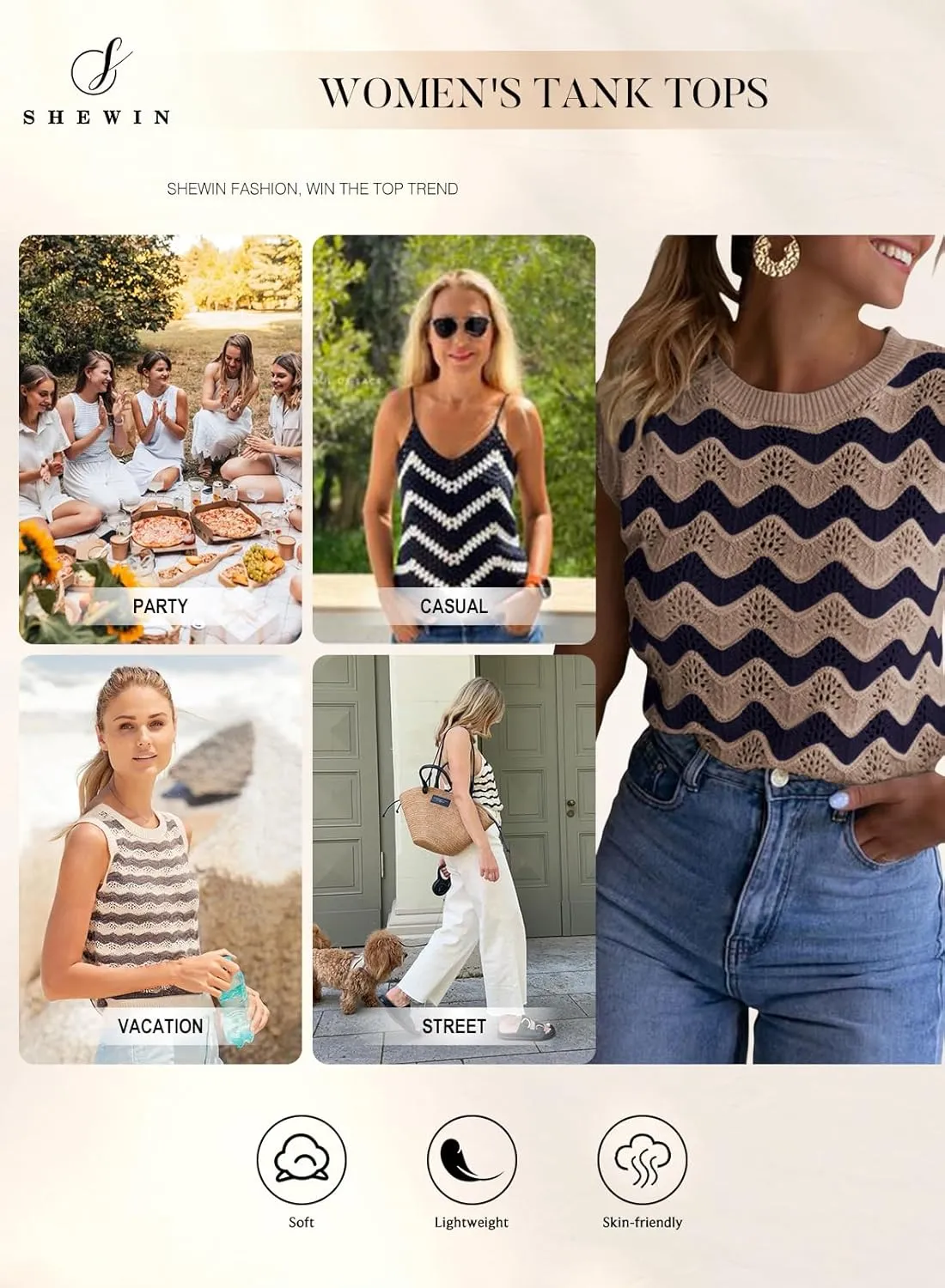 SHEWIN Sweater Vest for Women Crewneck Striped Crochet Sleeveless Sweaters Tank Tops