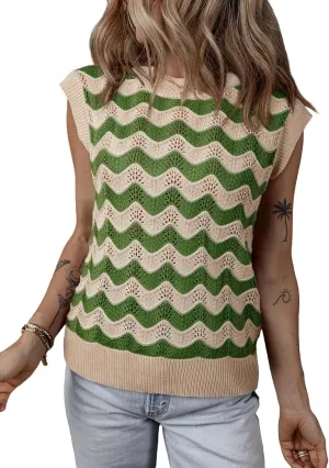 SHEWIN Sweater Vest for Women Crewneck Striped Crochet Sleeveless Sweaters Tank Tops