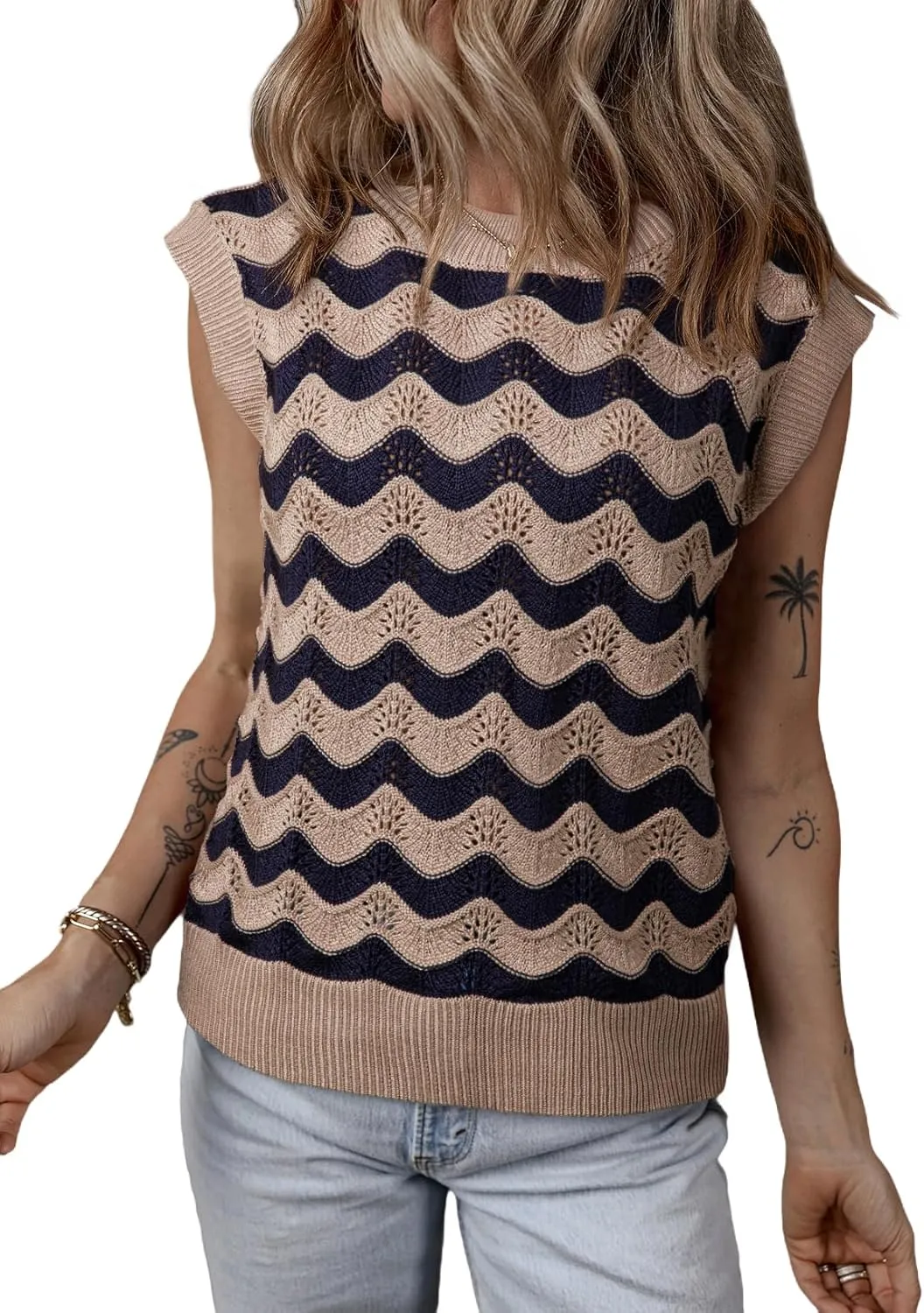 SHEWIN Sweater Vest for Women Crewneck Striped Crochet Sleeveless Sweaters Tank Tops