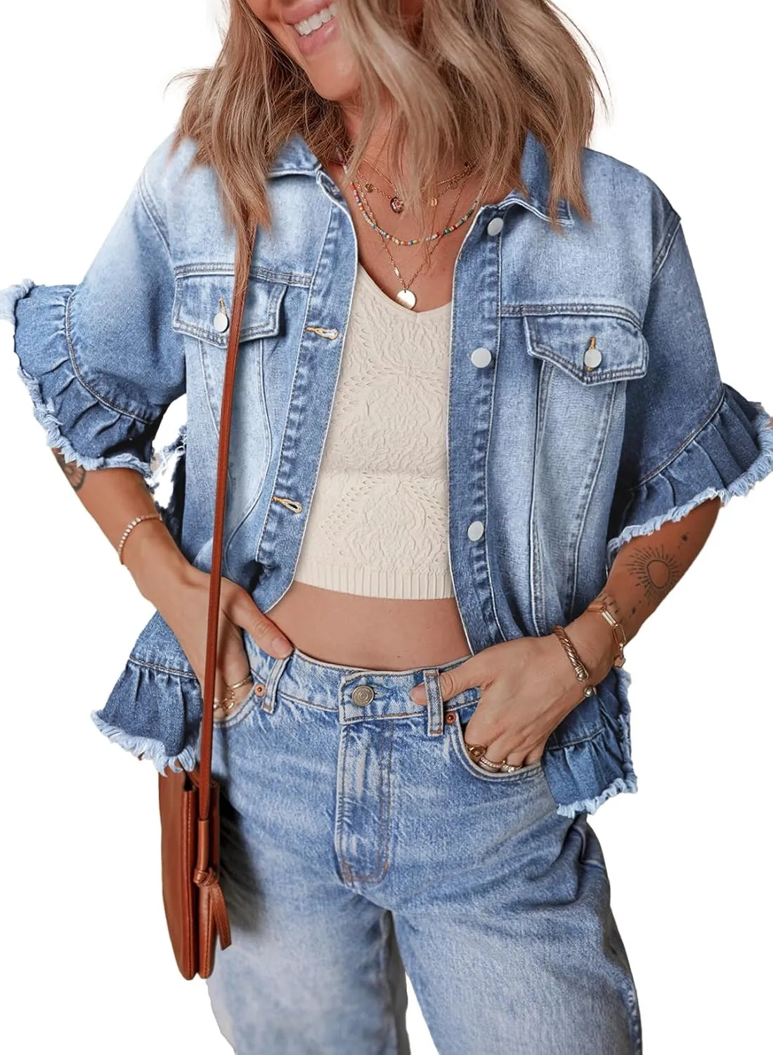 Sidefeel Womens Denim Jackets Casual Short Sleeve Button Down Trendy Ruffle Washed Jean Jackets Coat