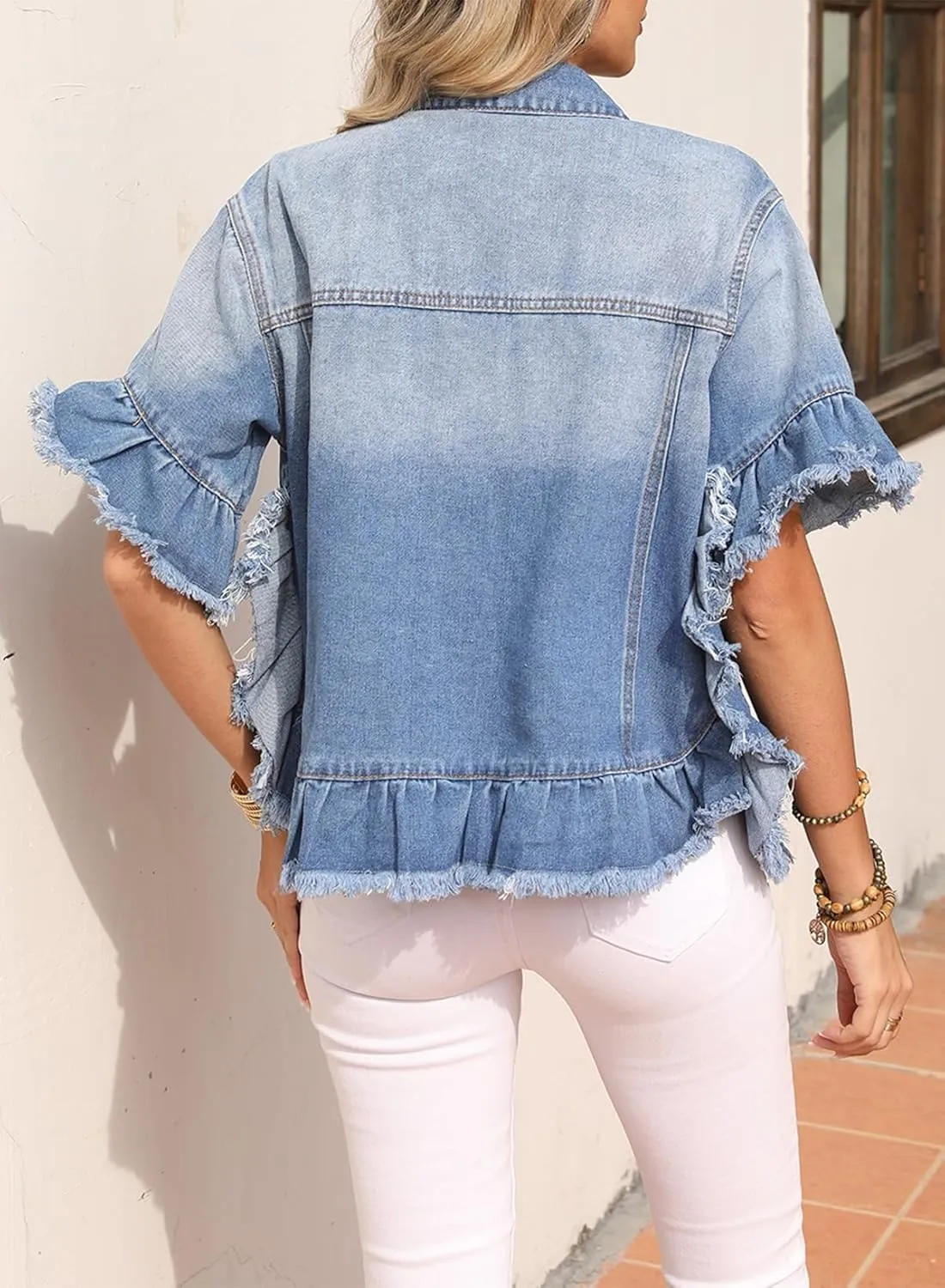 Sidefeel Womens Denim Jackets Casual Short Sleeve Button Down Trendy Ruffle Washed Jean Jackets Coat