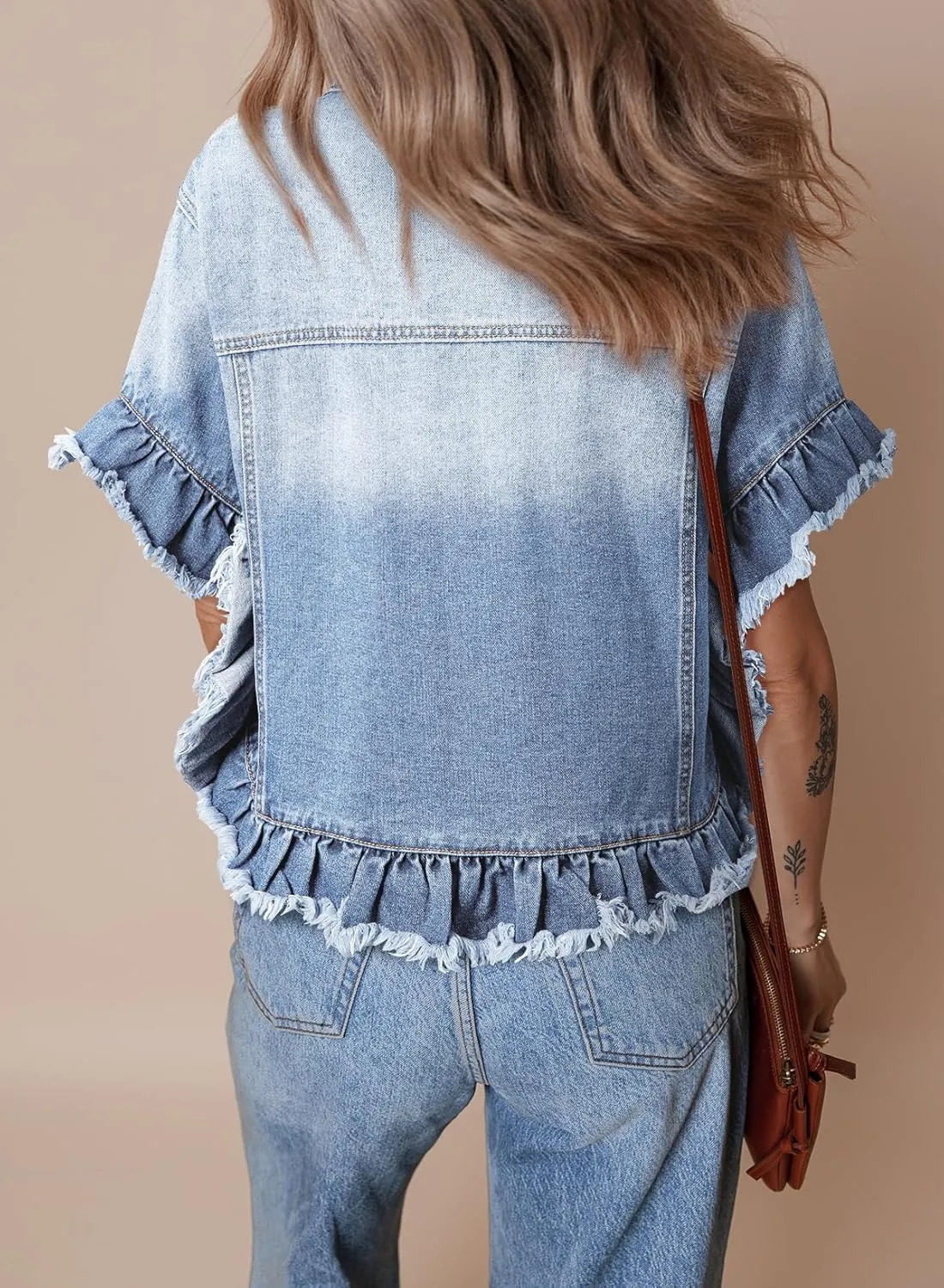 Sidefeel Womens Denim Jackets Casual Short Sleeve Button Down Trendy Ruffle Washed Jean Jackets Coat