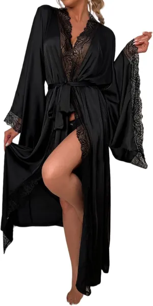 Silk Bathrobe for Women Lace Satin Pajama Robe with Belt Nightgown Sexy V Neck Long Sleeve Sleepwear Soft Nightwear