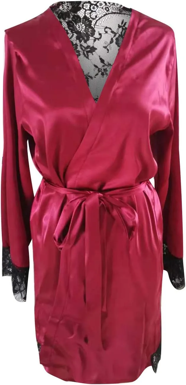 Silk Bathrobe Women Satin Pajama Robe Lace Nightgown Long Sleeve Sleepwear with Belt Solid Color Nightdress Nightwear