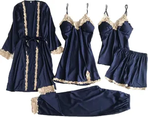 Silk Pajamas for Women 5PCS Lace Trim Robes Nightgowns Camisole Top Shorts with Pant Pjs Set Soft Cozy Cute Sleepwear