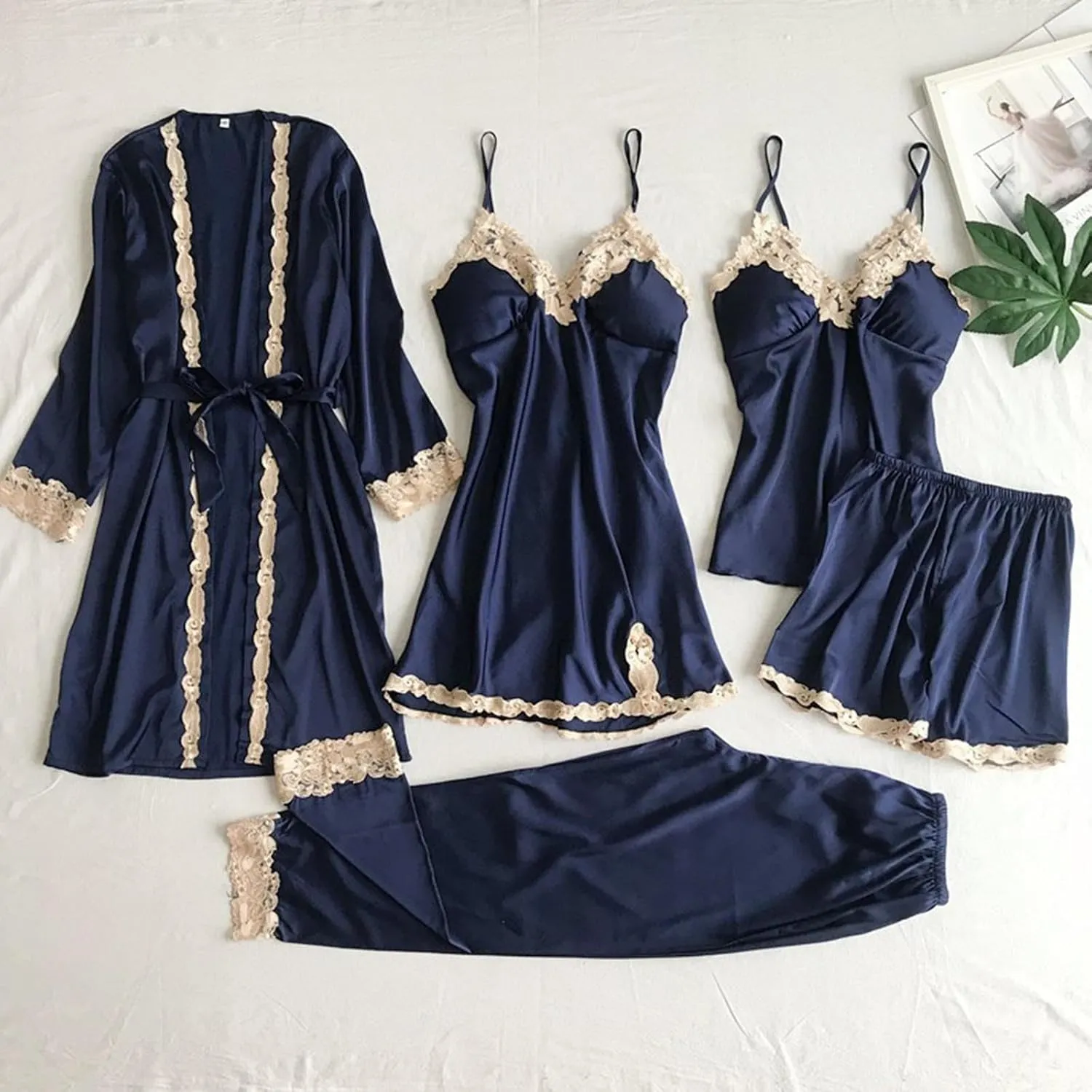 Silk Pajamas for Women 5PCS Lace Trim Robes Nightgowns Camisole Top Shorts with Pant Pjs Set Soft Cozy Cute Sleepwear
