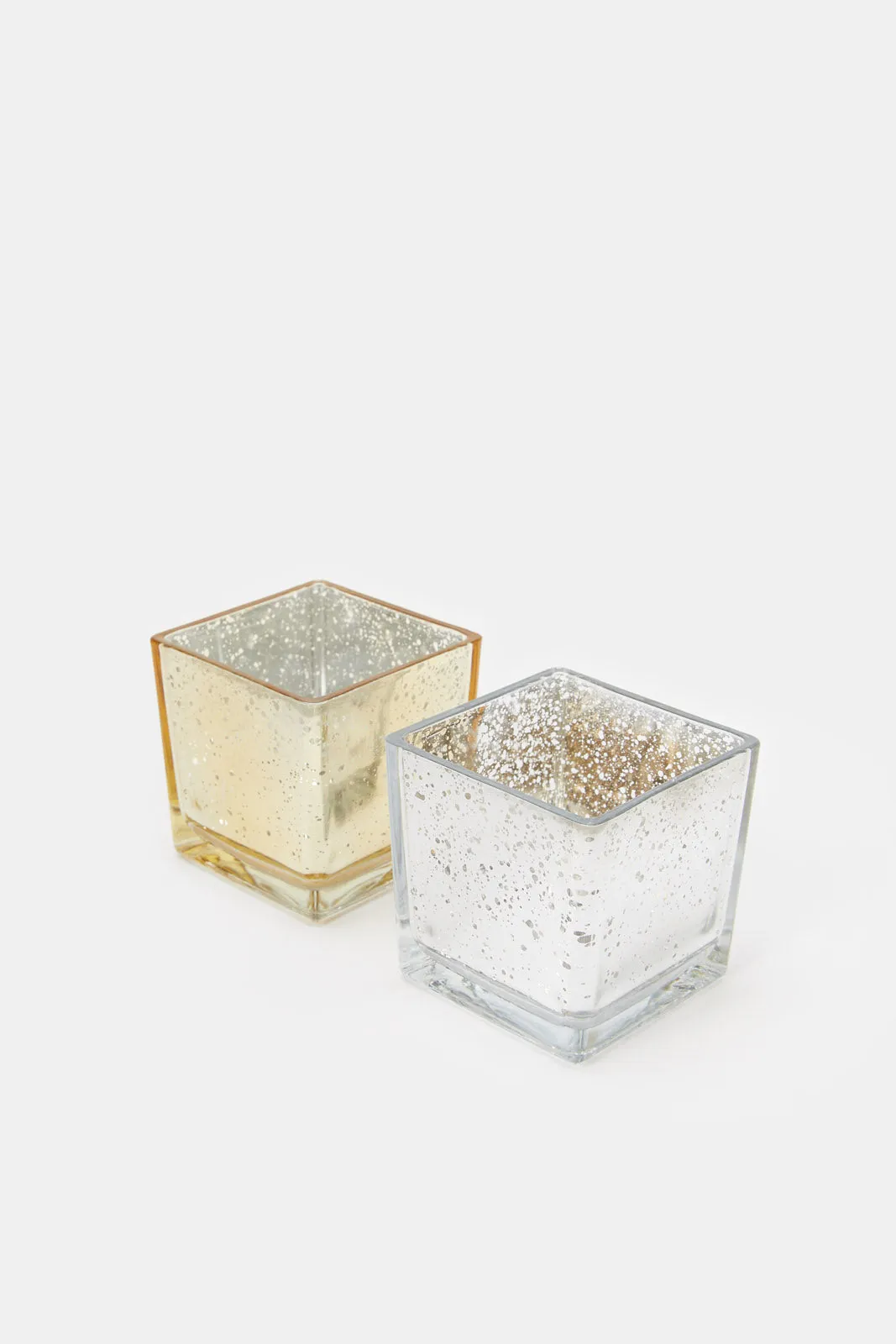 Silver And Gold Glass Mercury Cube Candle Holder Set (2 Pieces)