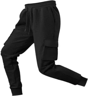 Sinzelimin Men's Cargo Pants Fashion Solid Drawstring Elastic Waist Multiple Pockets Loose Comfy Wide Leg Bound Feet Trouser
