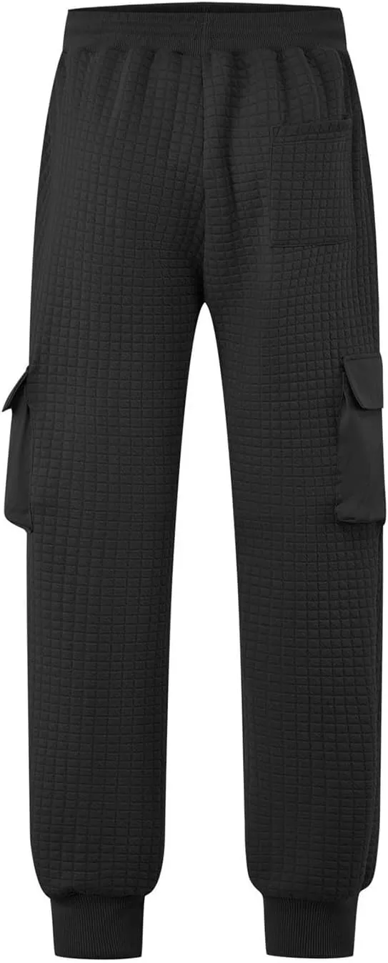 Sinzelimin Men's Cargo Pants Fashion Solid Drawstring Elastic Waist Multiple Pockets Loose Comfy Wide Leg Bound Feet Trouser