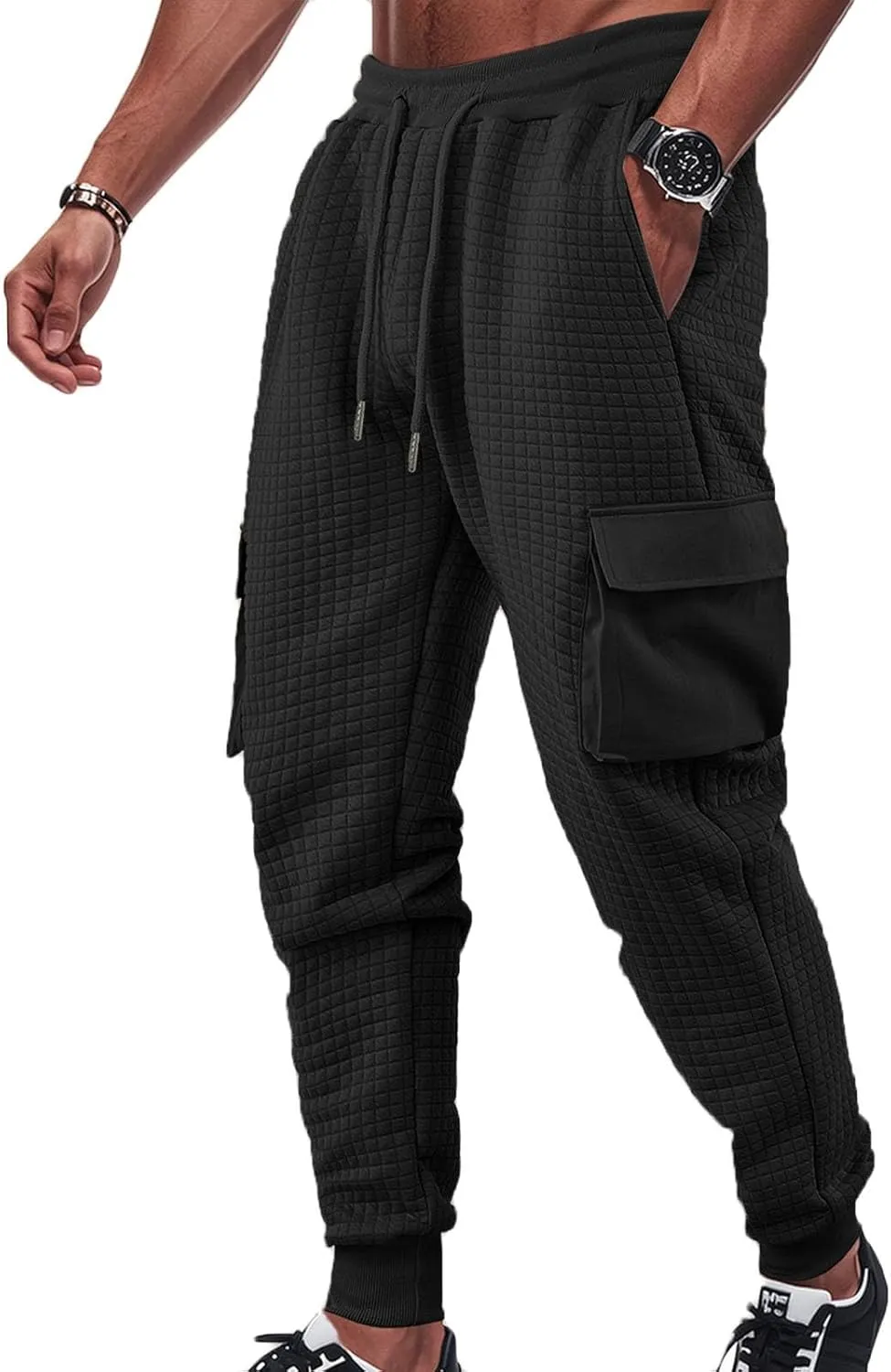 Sinzelimin Men's Cargo Pants Fashion Solid Drawstring Elastic Waist Multiple Pockets Loose Comfy Wide Leg Bound Feet Trouser