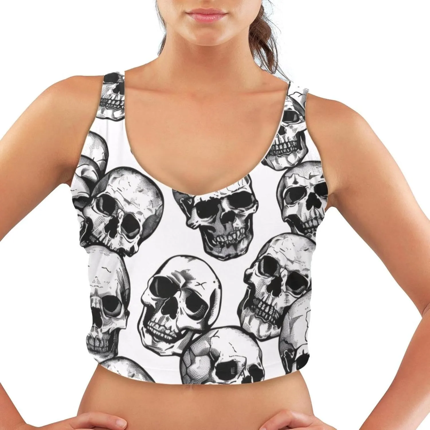 Skull Womens' Sports Bra, U Back Padded Sports Bra for Yoga Gym