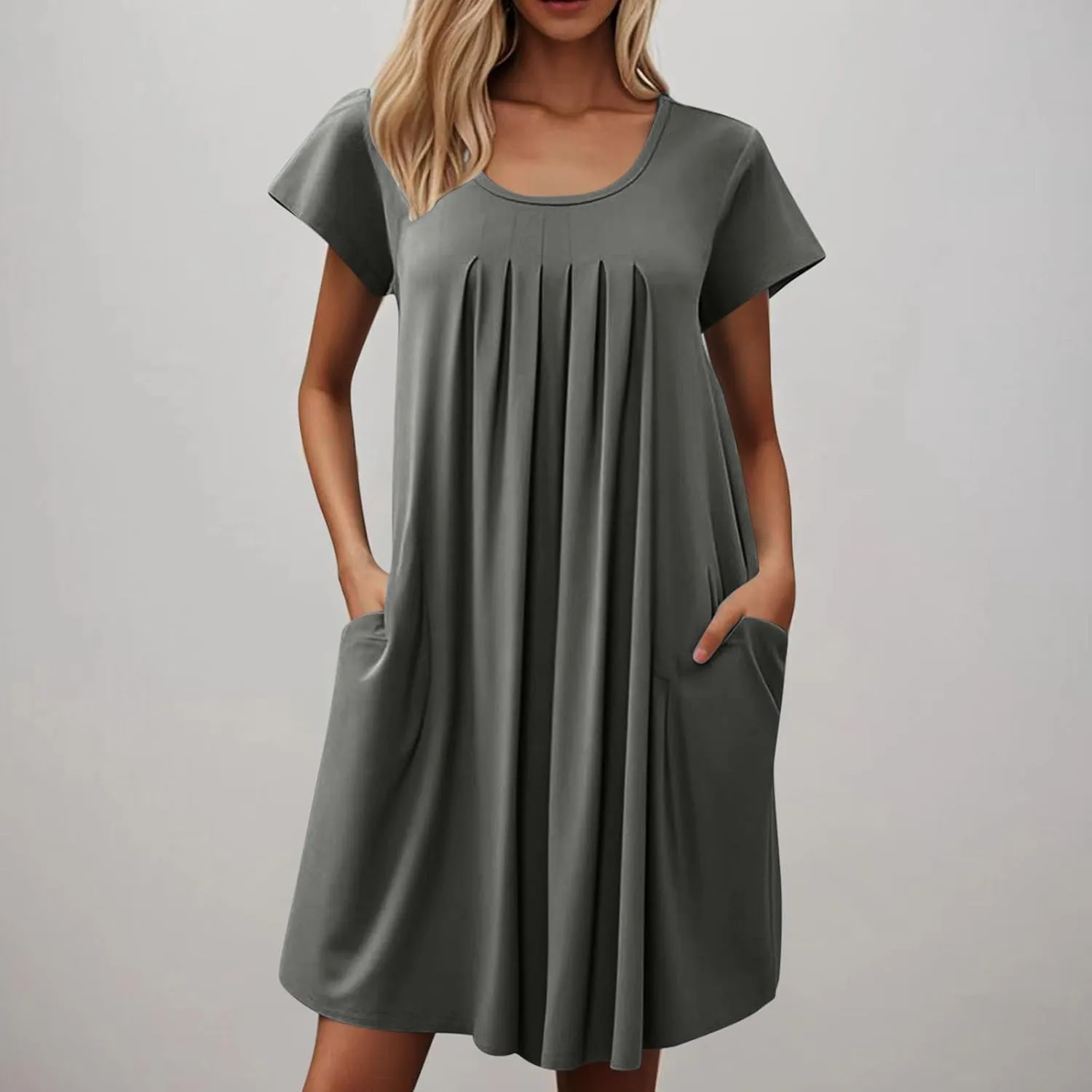 Sleep Shirts Women Short Sleeve Nightgown Round Neck Sleep Dress Pleated Night Shirts Loose Soft Nighty with Pockets