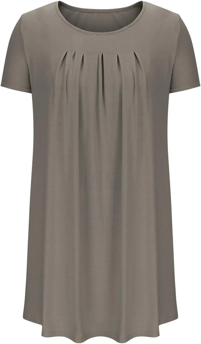 Sleep Shirts Women Short Sleeve Nightgown Round Neck Sleep Dress Pleated Night Shirts Loose Soft Nighty with Pockets