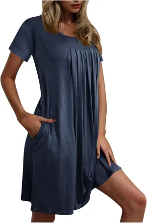 Sleep Shirts Women Short Sleeve Nightgown Round Neck Sleep Dress Pleated Night Shirts Loose Soft Nighty with Pockets