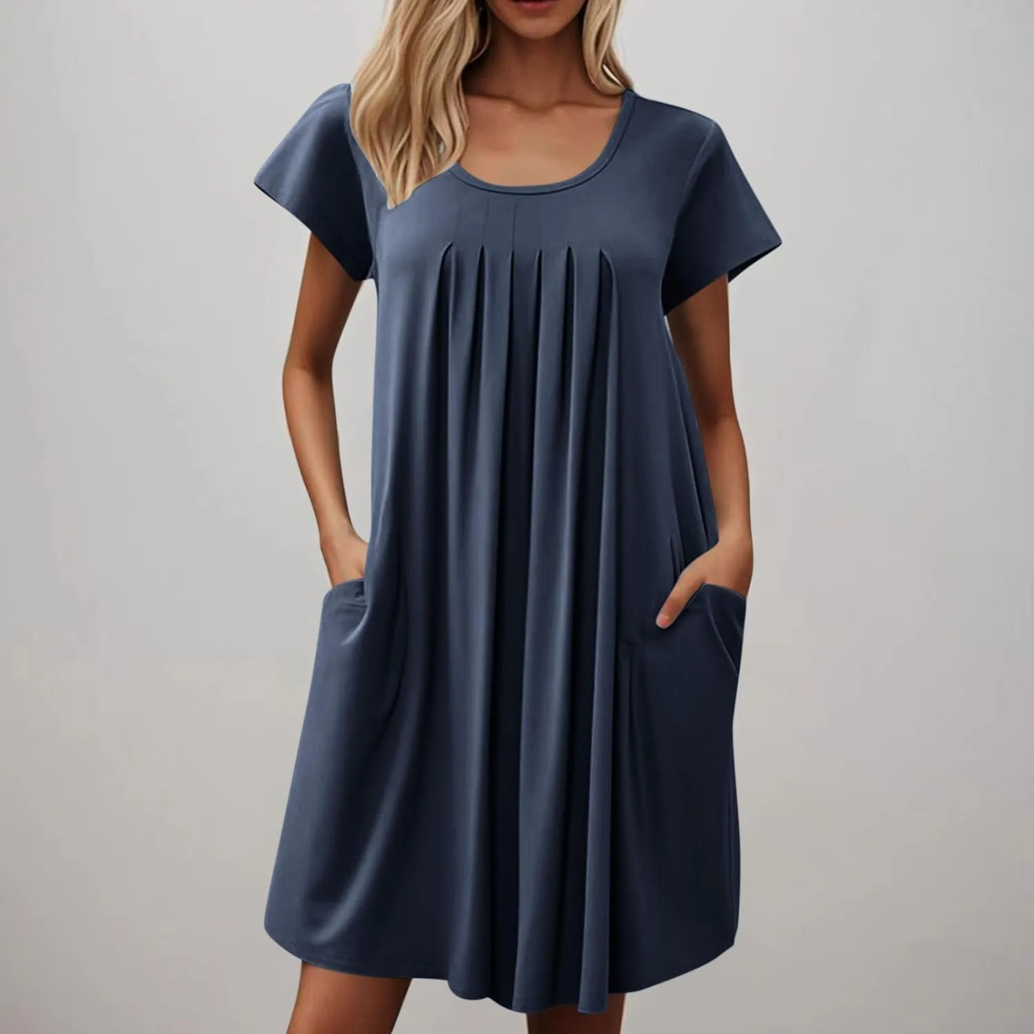 Sleep Shirts Women Short Sleeve Nightgown Round Neck Sleep Dress Pleated Night Shirts Loose Soft Nighty with Pockets