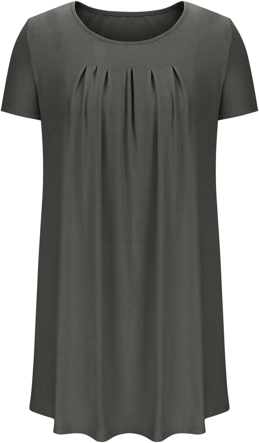 Sleep Shirts Women Short Sleeve Nightgown Round Neck Sleep Dress Pleated Night Shirts Loose Soft Nighty with Pockets