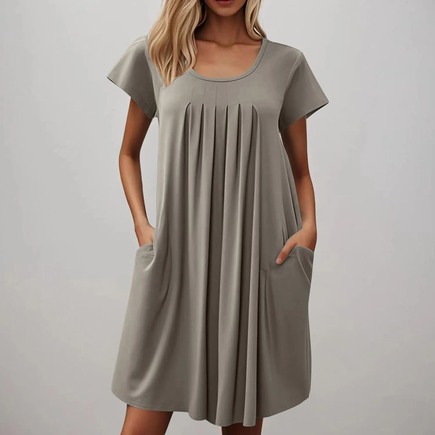 Sleep Shirts Women Short Sleeve Nightgown Round Neck Sleep Dress Pleated Night Shirts Loose Soft Nighty with Pockets