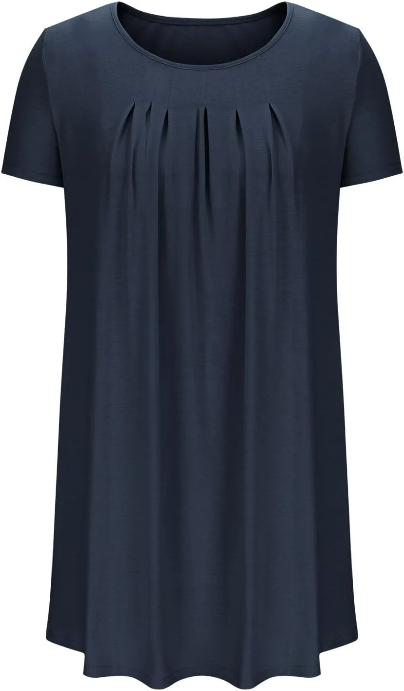 Sleep Shirts Women Short Sleeve Nightgown Round Neck Sleep Dress Pleated Night Shirts Loose Soft Nighty with Pockets