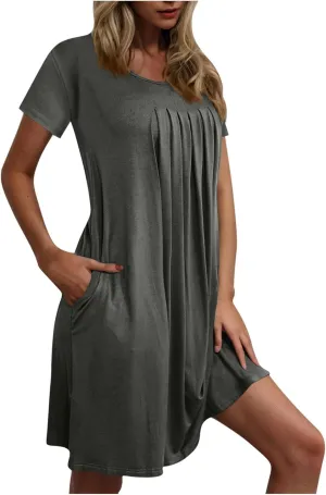 Sleep Shirts Women Short Sleeve Nightgown Round Neck Sleep Dress Pleated Night Shirts Loose Soft Nighty with Pockets