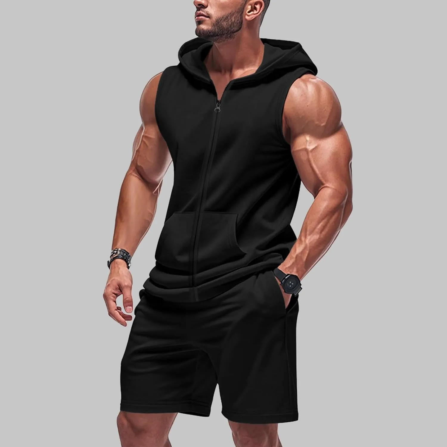 Sleeveless Hoodies for Men Zip Up 2 Piece Set Outfits Workout Hoodie Shorts Hooded Tank Tops Gym Tracksuit Sweatsuits