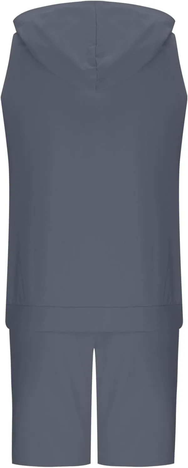 Sleeveless Hoodies for Men Zip Up 2 Piece Set Outfits Workout Hoodie Shorts Hooded Tank Tops Gym Tracksuit Sweatsuits