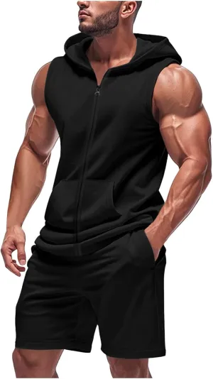 Sleeveless Hoodies for Men Zip Up 2 Piece Set Outfits Workout Hoodie Shorts Hooded Tank Tops Gym Tracksuit Sweatsuits