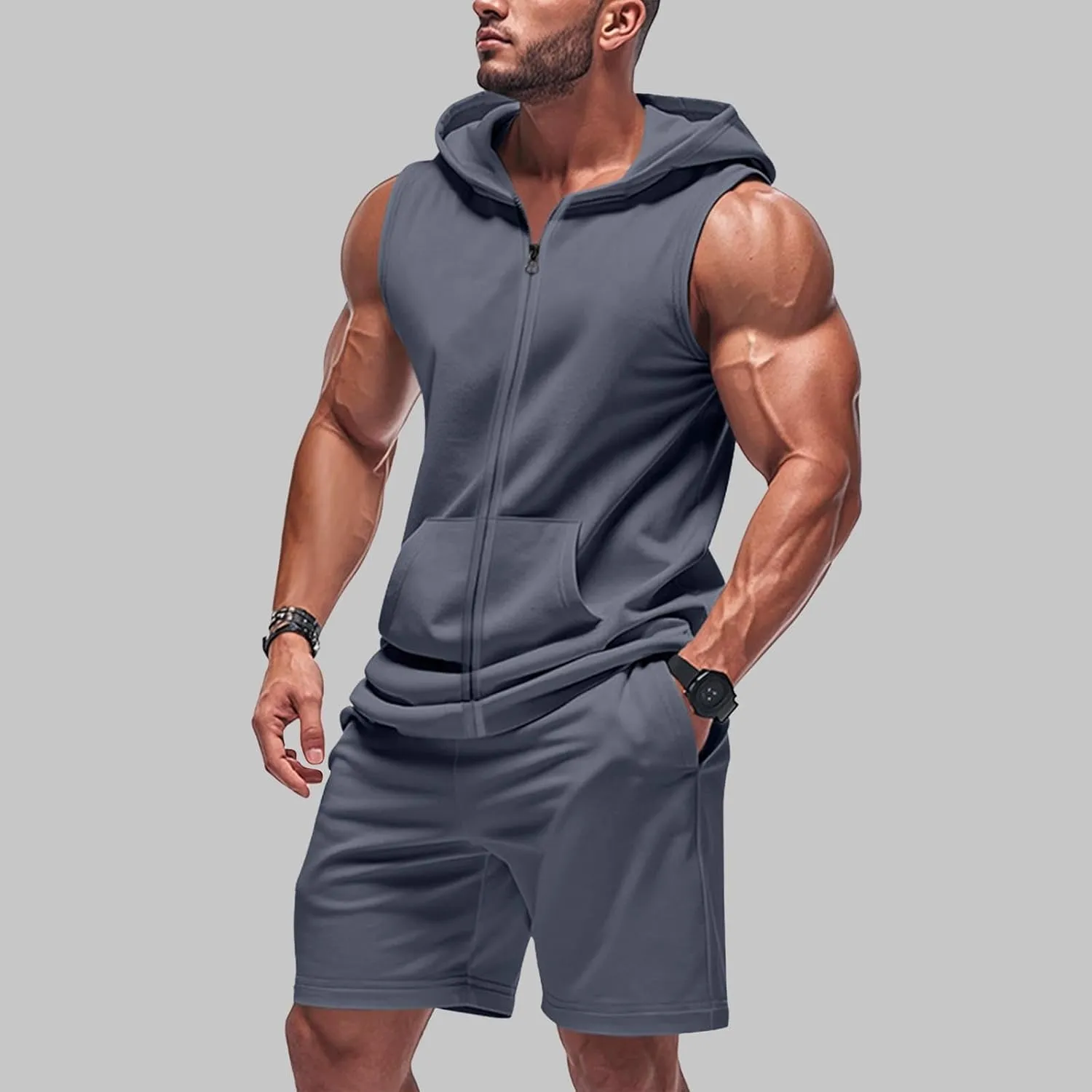 Sleeveless Hoodies for Men Zip Up 2 Piece Set Outfits Workout Hoodie Shorts Hooded Tank Tops Gym Tracksuit Sweatsuits