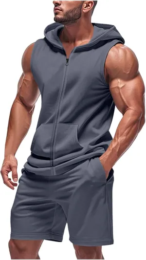 Sleeveless Hoodies for Men Zip Up 2 Piece Set Outfits Workout Hoodie Shorts Hooded Tank Tops Gym Tracksuit Sweatsuits