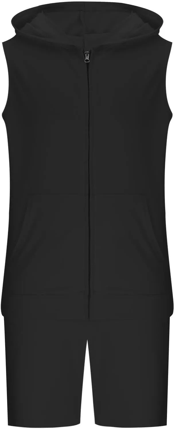 Sleeveless Hoodies for Men Zip Up 2 Piece Set Outfits Workout Hoodie Shorts Hooded Tank Tops Gym Tracksuit Sweatsuits