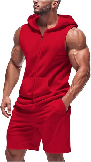 Sleeveless Hoodies for Men Zip Up 2 Piece Set Outfits Workout Hoodie Shorts Hooded Tank Tops Gym Tracksuit Sweatsuits