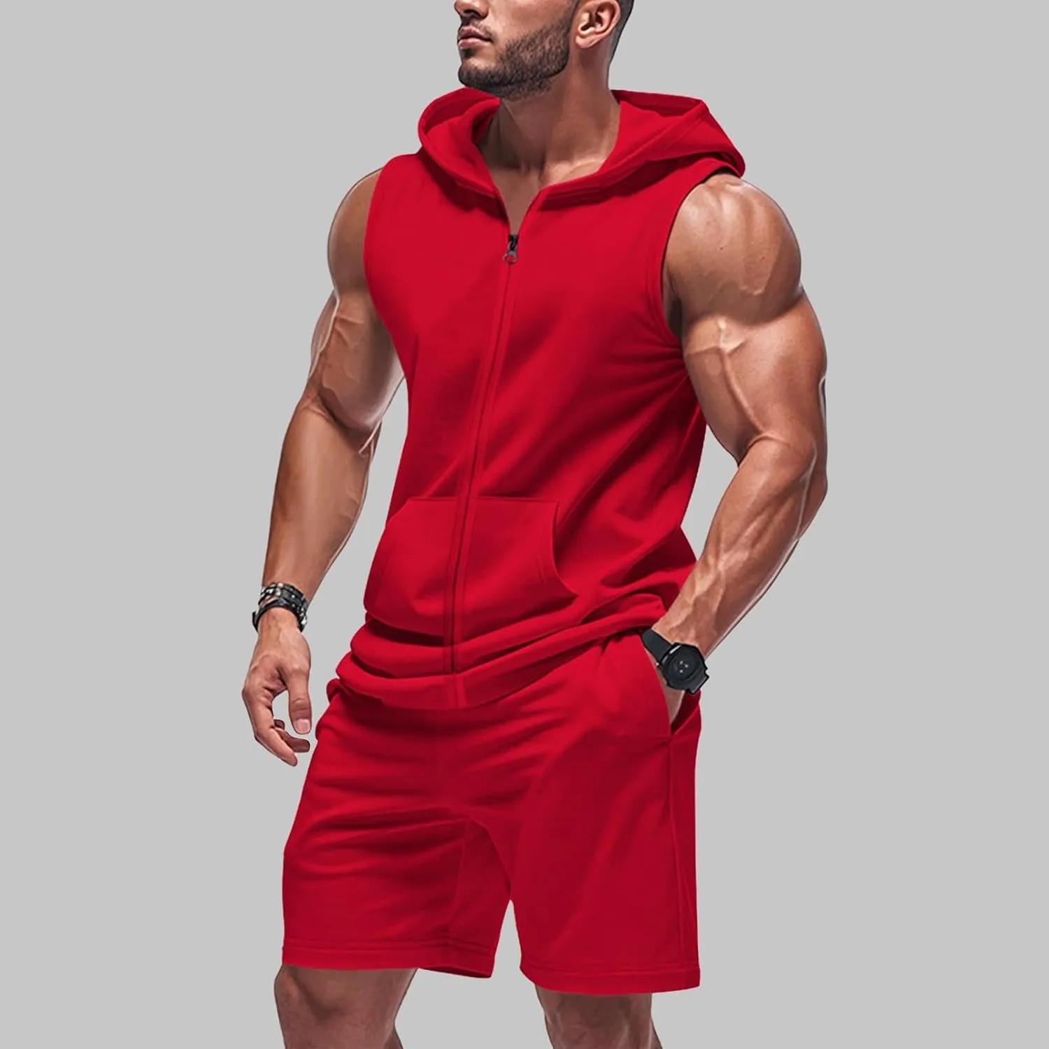 Sleeveless Hoodies for Men Zip Up 2 Piece Set Outfits Workout Hoodie Shorts Hooded Tank Tops Gym Tracksuit Sweatsuits