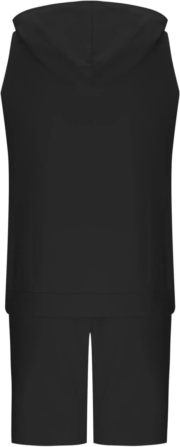 Sleeveless Hoodies for Men Zip Up 2 Piece Set Outfits Workout Hoodie Shorts Hooded Tank Tops Gym Tracksuit Sweatsuits