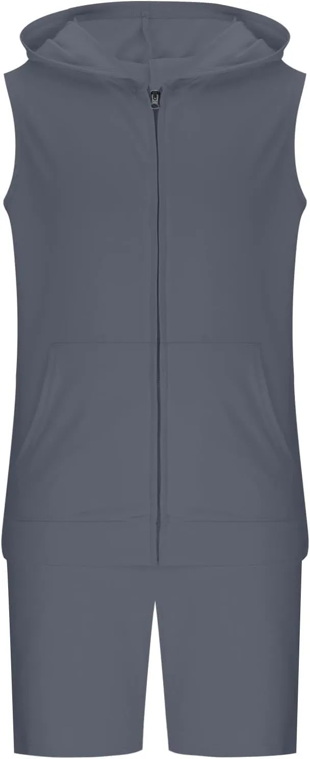Sleeveless Hoodies for Men Zip Up 2 Piece Set Outfits Workout Hoodie Shorts Hooded Tank Tops Gym Tracksuit Sweatsuits