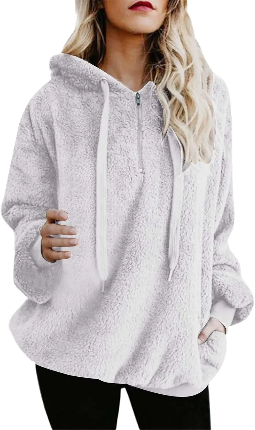 SMIDOW Womens Fuzzy Hoodies Cozy Oversized Hooded Sweatshirt Fleece Pullover Winter Warm Wool Zipper Pockets Coat Outwear