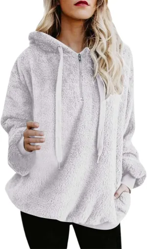 SMIDOW Womens Fuzzy Hoodies Cozy Oversized Hooded Sweatshirt Fleece Pullover Winter Warm Wool Zipper Pockets Coat Outwear