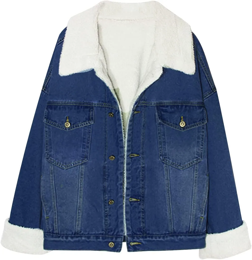Snoly Women's Jean Buttons Ripped Denim Jackets Coats with Detachable Hood,Sherpa Fleece Linings And regular Jackets
