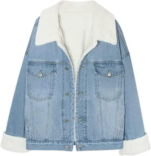 Snoly Women's Jean Buttons Ripped Denim Jackets Coats with Detachable Hood,Sherpa Fleece Linings And regular Jackets