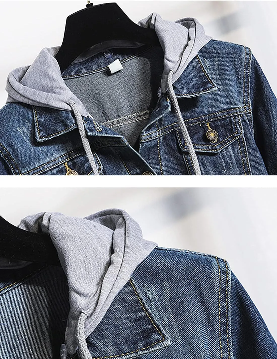 Snoly Women's Jean Buttons Ripped Denim Jackets Coats with Detachable Hood,Sherpa Fleece Linings And regular Jackets