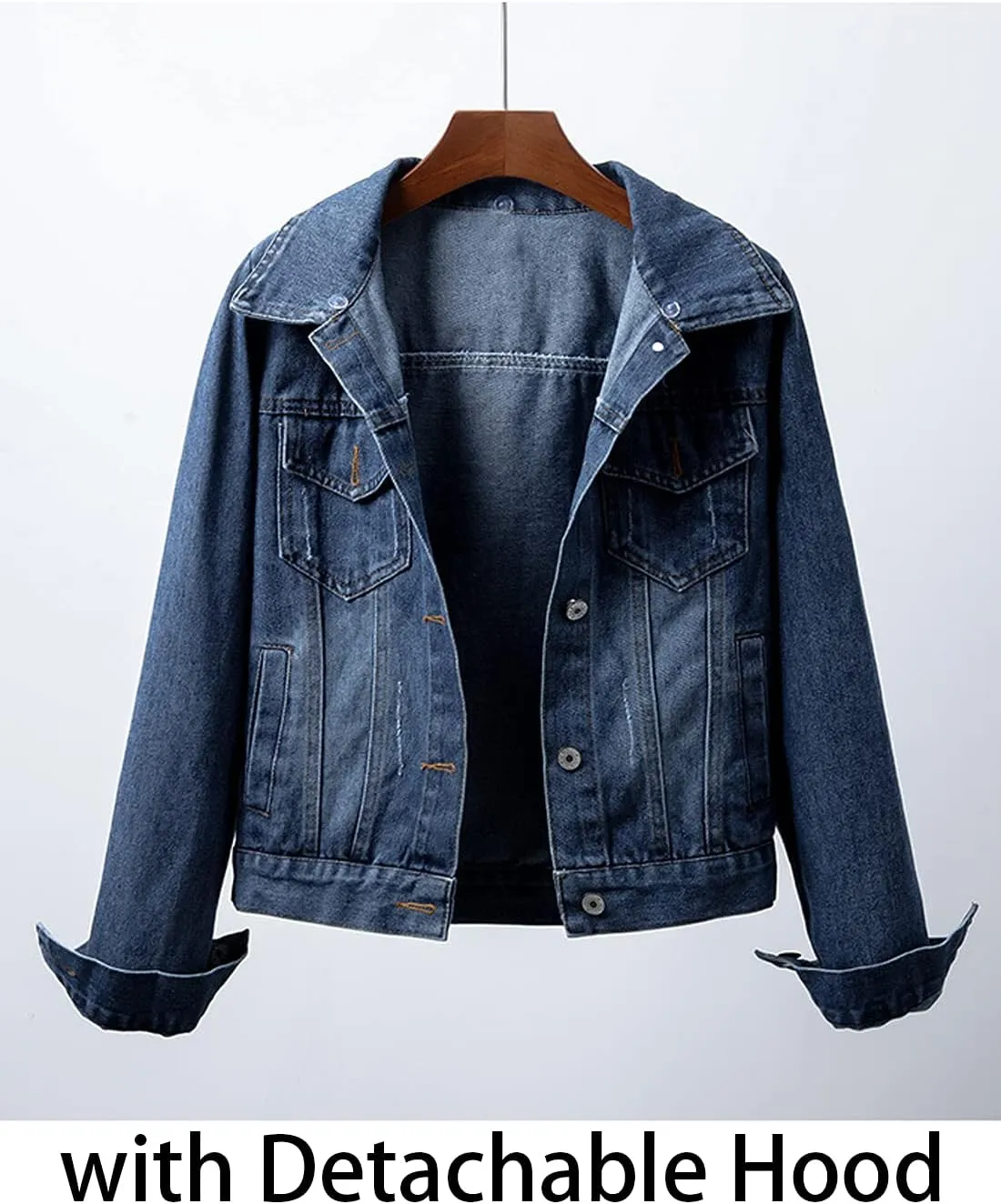 Snoly Women's Jean Buttons Ripped Denim Jackets Coats with Detachable Hood,Sherpa Fleece Linings And regular Jackets
