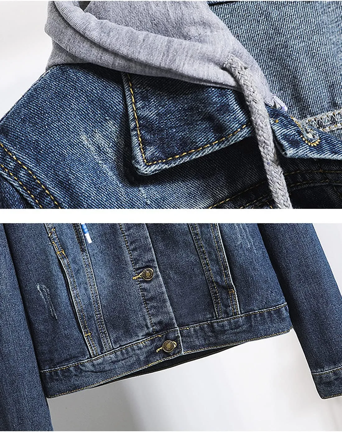 Snoly Women's Jean Buttons Ripped Denim Jackets Coats with Detachable Hood,Sherpa Fleece Linings And regular Jackets