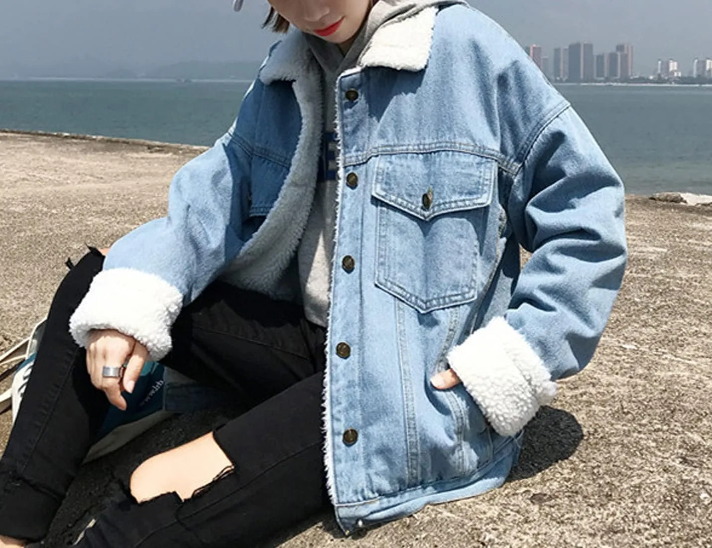 Snoly Women's Jean Buttons Ripped Denim Jackets Coats with Detachable Hood,Sherpa Fleece Linings And regular Jackets