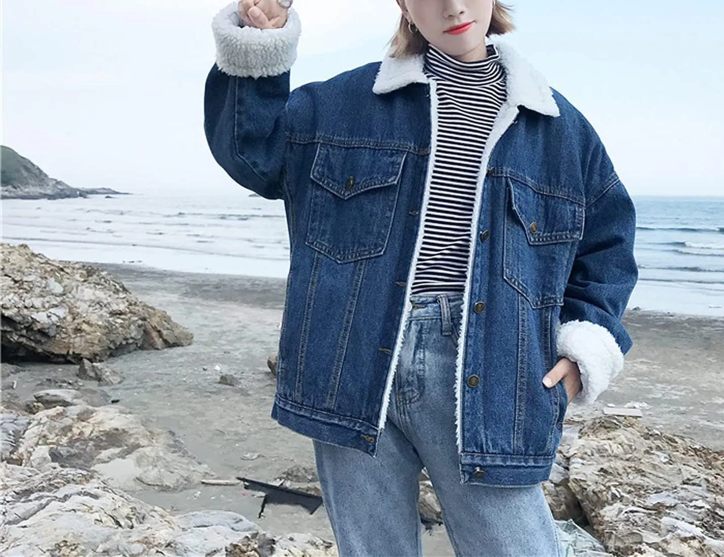 Snoly Women's Jean Buttons Ripped Denim Jackets Coats with Detachable Hood,Sherpa Fleece Linings And regular Jackets