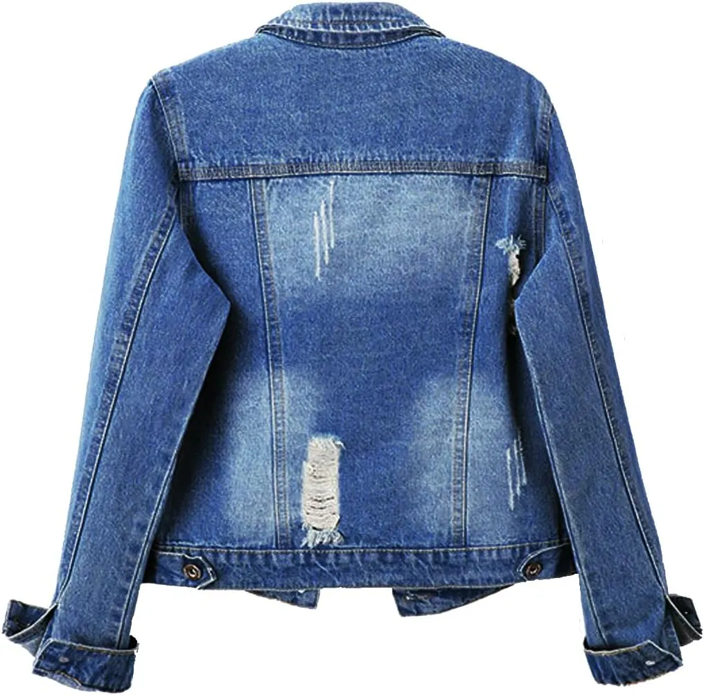 Snoly Women's Jean Buttons Ripped Denim Jackets Coats with Detachable Hood,Sherpa Fleece Linings And regular Jackets