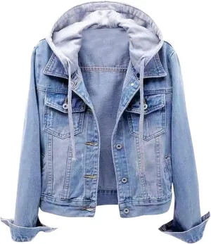 Snoly Women's Jean Buttons Ripped Denim Jackets Coats with Detachable Hood,Sherpa Fleece Linings And regular Jackets