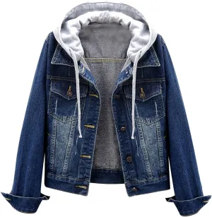 Snoly Women's Jean Buttons Ripped Denim Jackets Coats with Detachable Hood,Sherpa Fleece Linings And regular Jackets