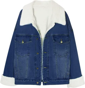 Snoly Women's Jean Buttons Ripped Denim Jackets Coats with Detachable Hood,Sherpa Fleece Linings And regular Jackets