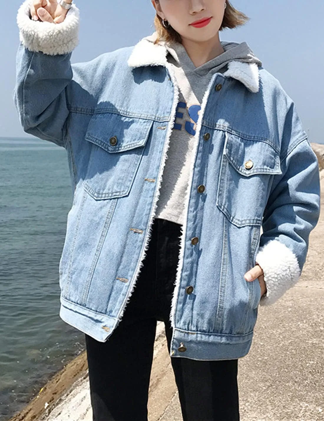 Snoly Women's Jean Buttons Ripped Denim Jackets Coats with Detachable Hood,Sherpa Fleece Linings And regular Jackets