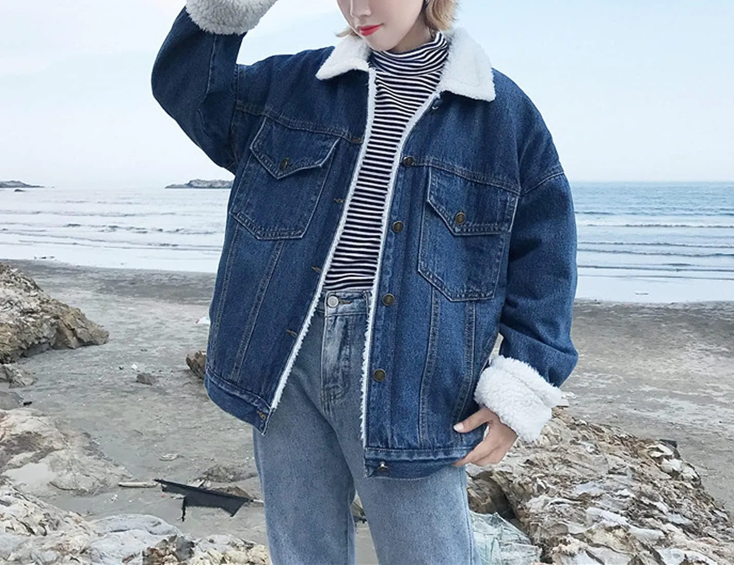Snoly Women's Jean Buttons Ripped Denim Jackets Coats with Detachable Hood,Sherpa Fleece Linings And regular Jackets